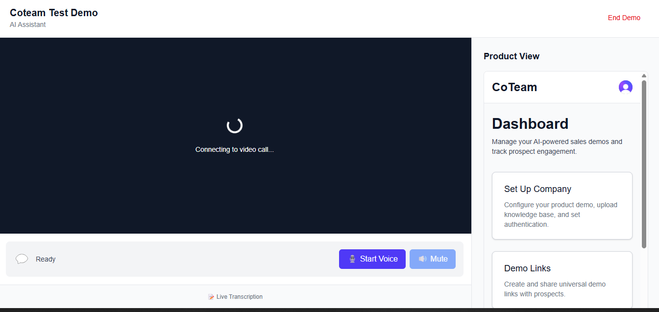 CoTeam product demo interface showing AI-powered sales demo platform